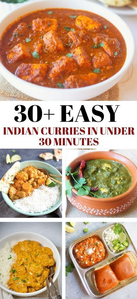 Looking for some quick and easy Indian dinner ideas that can be made in just 30 minutes to spice up your table? Here is an amazing selection of 30+ Indian Curries that can be made in under 30 minutes | Indian Food Recipes | Indian Curry | pipingpotcurry.com Desi Healthy Recipes, Easy Vegetarian Indian Food, Indian Food Recipes Dairy Free, Fast Indian Recipes, Easy Punjabi Recipes, Quick And Easy Indian Dinner Recipes, Quick Indian Lunch Recipes, Indian Food Easy Recipes, Simple Indian Meals