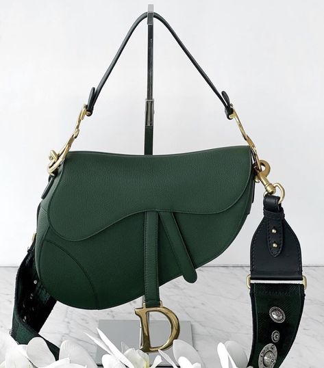 Dior bag Dark Green Bag Aesthetic, Dark Green Designer Bag, Dior Green Bag, Green Dior Saddle Bag, Green Prada Bag, Dark Green Handbag, Dior Green, Dior Purse, Lv Purse