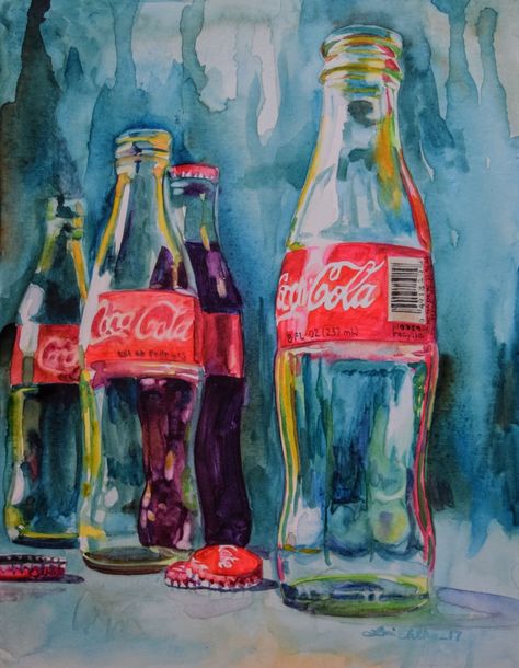 Painting Of Restaurant, Vintage Coca Cola Poster, Coca Cola Drawing, Coca Cola Painting, Goli Soda, Glass Coke Bottles, Coca Cola Poster, Waste Art, Bottle Drawing