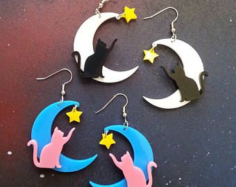 Silly Earrings, Moon Acrylic, Tidy Cats, Weird Jewelry, Clay Dangle Earrings, Moon Cat, Cat Moon, Celestial Earrings, Dragon Earrings