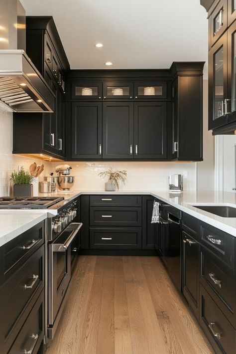 Painting Kitchen Cabinets Black Diy, Kitchen Ideas Black Cabinets, Moody Kitchen Decor, Black Cabinets Kitchen, Kitchen Cabinet Black, Dark Kitchen Ideas, Dramatic Aesthetic, Cabinet Color Ideas, Kitchen Cabinet Color