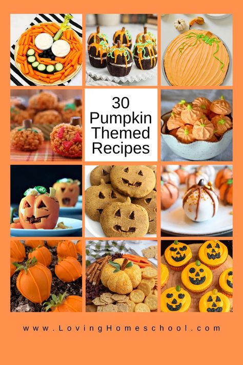 These 30 Pumpkin Themed Recipes will be great fun for a Halloween party or any pumpkin themed party! Sweet and Savory options! Pumpkin Theme Food, Pumpkin Themed Food, Savory Halloween Food, Halloween Veggie Tray, Pumpkin Pretzels, Sour Cream Sugar Cookies, Themed Recipes, Halloween Breakfast, Pumpkin Delight