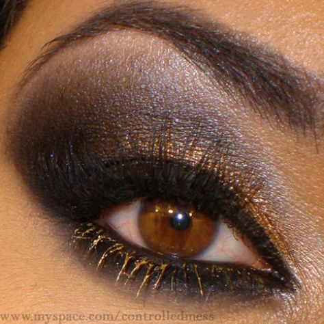 Gold Mascara, Bronze Smokey Eye, African American Makeup, Bronze Eyeshadow, Bronze Hair, Metallic Eyes, Black Smokey Eye, Eyeshadow For Brown Eyes, Black Eyeshadow