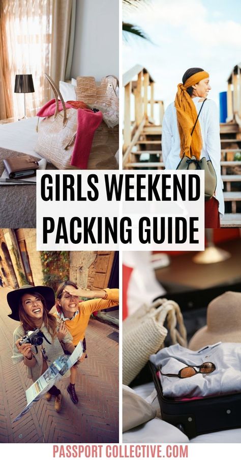 Everything you need to pack for a girl's weekend. Pack light and pack smart for your girls trip. The perfect capsule wardrobe and suggestions that you already have in your wardrobe. Options for carry on only luggage or take a few extra items and check in. Suitable for backpacks, roller bags and totes. Let's get packing! #packingguide #travel #weekend #girlstrip Capsule Wardrobe Weekend Trip, City Weekend Packing List, Girls Weekend Packing List, City Break Outfit Summer, City Break Packing, Girls Weekend Outfits, Long Weekend Packing, Weekend Capsule Wardrobe, Packing List Spring