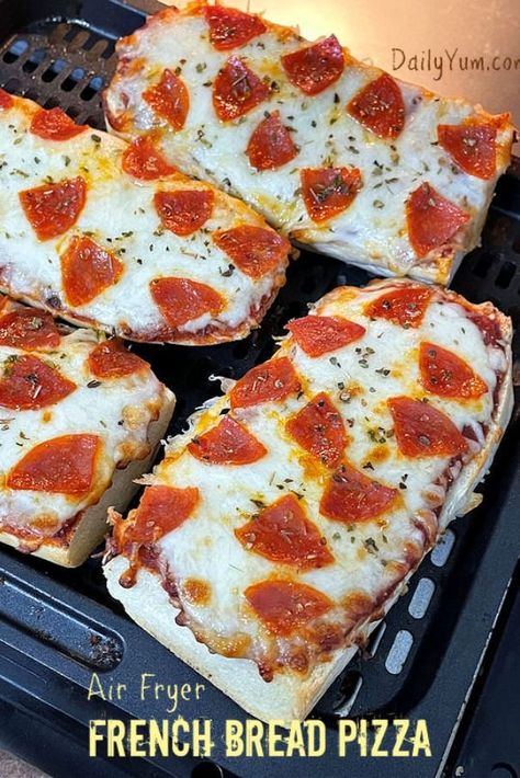 Air Fryer French Bread Pizza, Air Fryer French Bread, Pizza In Air Fryer, Daily Yum, Pizza Hacks, Toaster Oven Recipes, French Bread Pizza, Bread Pizza, Pizza Bites