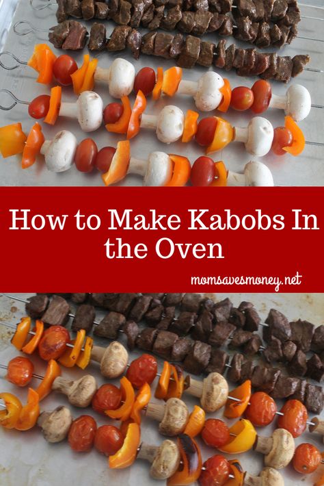 Kabobs made in the oven make it a perfect recipe for year round eating! No need to wait for perfect weather. #kabobs #steakkabobs #kabobs #oven #veggies #vegetables Baked Kabobs, Oven Shish Kabobs, Beef Kabobs In Oven, Steak Kabobs In The Oven, Kabobs Oven, Oven Kabobs, Oven Veggies, Kabobs In The Oven, Cubed Pork