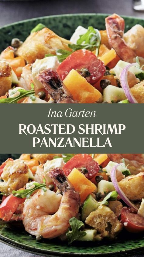 Ina Garten Roasted Shrimp Panzanella Lobster Panzanella Salad, Ina Garten Roasted Shrimp, Mediterranean Lunches, Bread Olive Oil, Vibrant Salad, Carpaccio Recipe, Panzanella Recipe, Panzanella Salad, Ina Garten Recipes