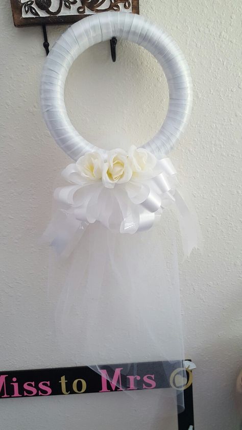 Bridal veil wreath for front door. So easy to make with Dollar Tree items!. Made this for my sister in laws bridal shower. Bride To Be Door Decoration, Bridal Shower Door Wreath Diy, Wedding Veil Wreath For Door, Newlywed Wreath Front Doors, I Do Bridal Shower Door Sign, Wedding Door Decorations, Bride On Wedding Day, Front Door Ideas, Wedding Doors