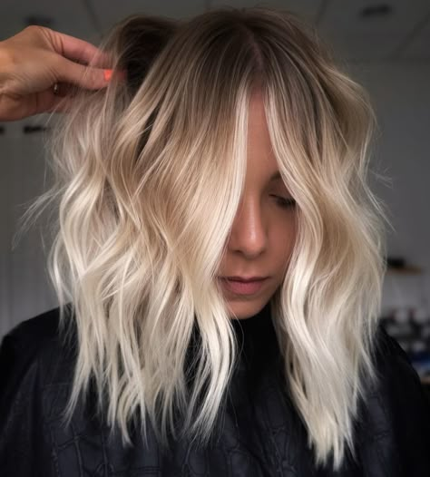 Light Blonde Root Melt for Fine Hair Icy Blonde Color Melt, Short Blonde Root Melt, Short Blonde Hair With Root Melt, Root Melt On Blonde Hair, Bright Blonde Lived In Hair, Rooted Blonde Short Hair, Light Blonde Root Smudge, Lived In Color Blonde, Melted Blonde Hair