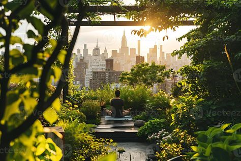 AI generated Morning Yoga in Urban Rooftop Garden Jungle Warrior, Rooftop Yoga, Jungle Warriors, Urban Rooftop, Yoga Garden, Urban Oasis, Rooftop Garden, Roof Garden, Morning Yoga