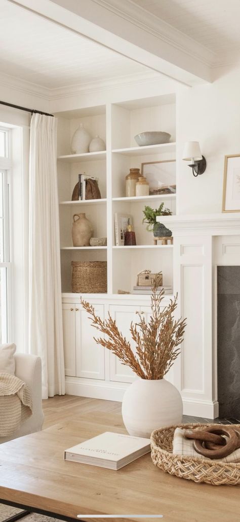 Living Room White Built Ins, White Wall White Furniture, Fireplace Bookshelf Decor, Built In Shelves Styling, Decorate Built In Shelves Living Room, Styling Built Ins Around Fireplace, White Built In Bookshelves, Built In Decorating Ideas, Living Room Built Ins Decor