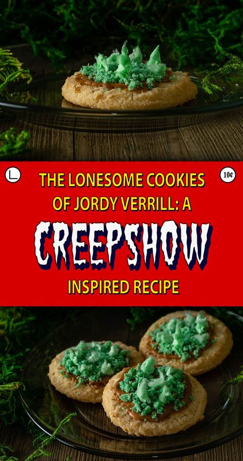 Creepshow | Cookie Recipes | Halloween Cookies | Horror Recipes | Inspired by both the movie and Shudder's upcoming series Creepshow, The Geeks have whipped up a creepy cookie recipe called The Lonesome Cookies of Jordy Verrill. 2geekswhoeat.com Horror Movie Recipes, Horror Recipes, Horror Treats, Movie Foods, Movie Inspired Recipes, Spooky Foods, Fiction Food, Movie Recipes, Horror Birthday