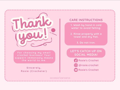 pink thank you/care card inspo for crochet businesses! (front design only) 🧶🩷 #minimalist #simple #inspo #pink #crochet #tycard #thankyoucard #card Thankyoucard Design Business, Crochet Business Cards, Thankyoucard Design, Vendor Booth Display, Graphic Design Business Card, Stationary Shop, Card Inspo, Crochet Business, Background Ideas