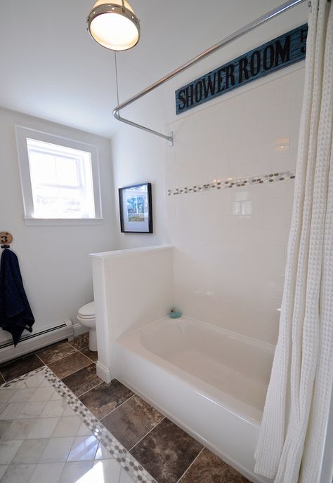 I'd like to call this a 'Before & After' post, but since there wasn't a bathroom on the 2nd floor when we started the project, that doesn't ... Bathtub Ideas, Built In Bathtub, Pony Wall, Bathtub Remodel, Sophisticated Bathroom, Bathtub Design, Bathroom Tub, Tub Shower, Upstairs Bathrooms