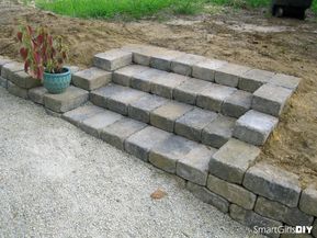 DIY Paver stairs Steps Made From Pavers, Paver Steps On Slope, Paver Stairs, Diy Paver, Paver Steps, Step Ideas, Pavers Diy, Patio Stairs, Landscape Stairs