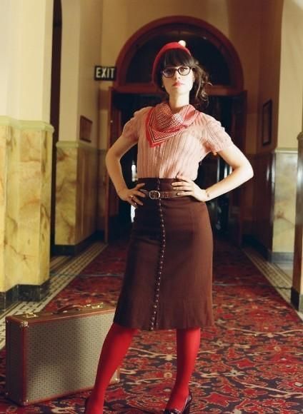 Jessica Day Outfits, Zooey Deschanel Style, Brown Tights, Librarian Style, Jessica Day, Red Tights, Rocket Girl, Day Outfits, Wardrobe Stylist