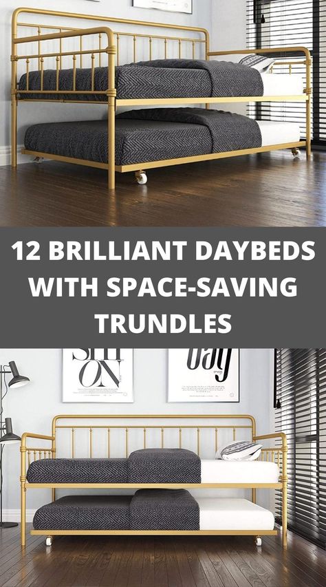 Gold-colored metal daybed with trundle Diy Full Size Bed Frame, Queen Trundle Bed, Blue Daybed, White Metal Bed Frame, Small Scale Furniture, White Daybed, Metal Daybed With Trundle, White Metal Bed, Small Space Furniture