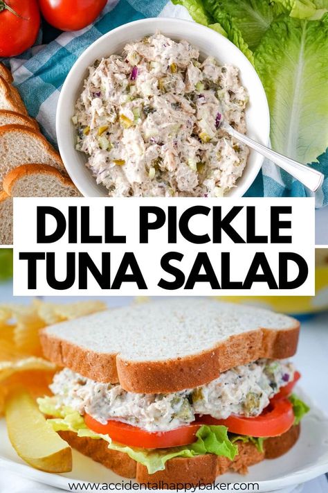 This Dill Pickle Tuna Salad is a cinch to make, packed with protein and, of course, is loaded with dill pickles for an easy weekday lunch that makes a great sandwich, wrap, or cracker topping. Tuna Pickle Sandwich, Tuna Salad With Pickles, Tuna Salad Pickles, Tuna With Pickles, Dill Tuna Salad, Dill Pickle Tuna Salad, Tuna And Crackers, Dill Pickle Salad, Tuna Salad With Dill Relish