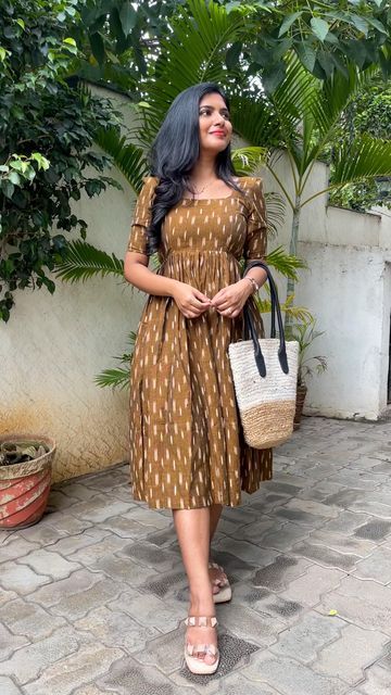 Cotton Ikkat Dress Designs, Summer Cotton Frocks For Women, Ikat Frocks, Ikat Dress Kurti, Cotton Frocks For Women Knee Length, Frocks For Women Cotton, Simple Frock For Women, Summer Frocks For Women, Cotton Frock Designs For Women