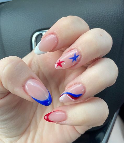 fourth of july nails / independence day nails / happy 4th / dip powder overlay with design / embellished by mariam salon in winter park, florida / 4th of july / holiday nails / acrylic gel manicure / nail design / stars and stripes / red white and blue nails Holiday Nails Acrylic, Independence Day Nails, Red White And Blue Nails, White And Blue Nails, Teen Nails, Usa Nails, August Nails, Winter Park Florida, Fourth Of July Nails