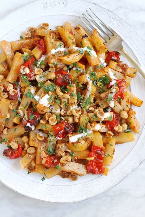 Close-up image of roasted kohlrabi with tomato and tarragon gremolata. Roasted Kohlrabi, Squash Varieties, Two Of A Kind, Sticky Buns, Whole Foods Market, How To Squeeze Lemons, Test Kitchen, Cherry Tomatoes, Fall Recipes