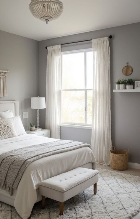 Bedroom With Grey Walls, Neutral Room Ideas, Gray Accent Wall Bedroom, White Faux Fur Rug, Light Gray Bedroom, Hanging Macrame Wall Art, Gray Bedroom Walls, Metallic Decor, Grey Accent Wall