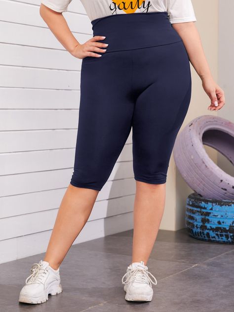 Navy Blue Sporty   Polyester Plain Biker Shorts  Slight Stretch Spring/Summer/Fall Plus Size Bottoms Outfits Leggins, Fall Plus Size, Plus Size Leggings, Plus Size Pants, Cycling Shorts, Wide Waistband, Trendy Fashion Women, Biker Shorts, Bike Shorts