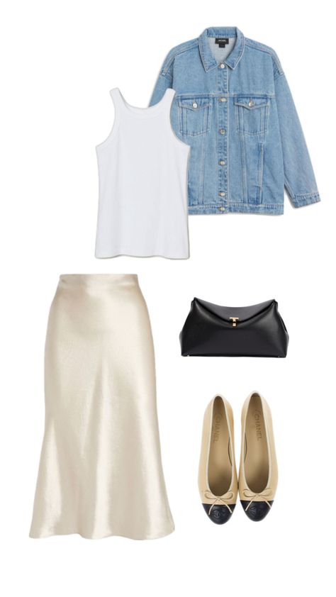 Chic silk skirt day outfit navy champagne Satin Skirt Outfit Summer, Navy Silk Skirt, Beige Skirt Outfit, Silk Skirt Outfit, Outfit Navy, Satin Skirt Outfit, Skirt Outfit Summer, Navy Outfit, Beige Outfit