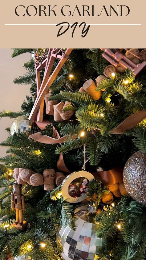 Haley Jones // MAMJ on Instagram: "DIY champagne cork garland! 🍾 This has been years in the making (some of Skyler’s champagne events last year helped) but I finally have enough corks for a 6’ tree! I used a 3/8” drill bit and a larger needle to make it easier to string. You could also string it onto heavy fishing line. I love how it looks in the tree with the neutral ornaments and decor. Christmas tree #2 reveal coming soon! #homesweetjones #MAMJchristmasdecor #meandmrjones #ltkhome #... Cork Garland Christmas, Neutral Ornaments, Haley Jones, Cork Garland, Champagne Corks, Decor Christmas Tree, Instagram Diy, Fishing Line, Christmas Garland