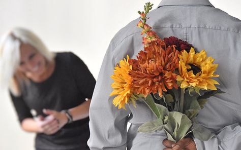 A man dating after 50, holding flowers behind his back while his date laughs in front of him. Moving Too Fast, Relationship Meaning, After A Breakup, Wise People, When You Were Young, Here's The Thing, Brutally Honest, After Break Up, Past Relationships