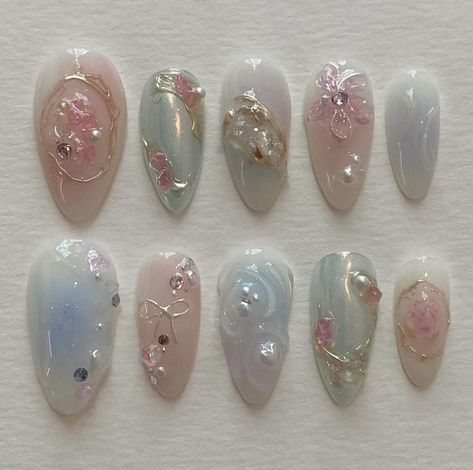 Fine China Nails, Japanese Inspired Nails, Fairy Nail Art, How To Have Style, Asian Nails, Summery Nails, Blush Nails, Long Acrylic, Pretty Gel Nails