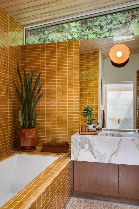 Home Refresh On A Budget, Wood Ceiling In Bathroom, Mustard Yellow Bathroom Ideas, Glass Brick Bathroom, Chartreuse Bathroom, 70s Bathroom Aesthetic, 70s Bungalow, Mustard Bathroom, Mustard Bath