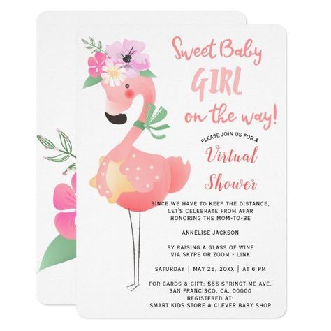 Baby Shower Invitations Funny Cute Pink Flamingo Baby Shower Virtual Party Invitation #girlbabyshowerinvitations #babyshowerinvitations #zazzle #zazzleinvitation #virtualshower #showerbymail #drivebyshower #couplesshowerinvitations #woodlandbabyshowerinvitations #disneybabyshowerinvitations #bohobabyshowerinvitations Flamingo Baby Shower, Baby Shower Party Invitations, Trendy Baby Shower Ideas, Baby Shower Invitation Cards, Summer Baby Shower, Spring Baby Shower, Floral Baby Shower Invitations, Invitation Kits, Ideas Party