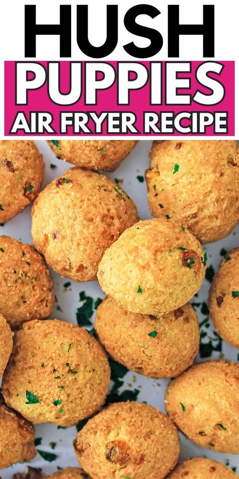 hush puppies on a table scattered around Air Fryer Hush Puppies, Homemade Hushpuppies, Homemade Hush Puppies, Hush Puppies Recipe, Hush Puppy, Air Fryer Recipe, Air Fryer Healthy, Air Fryer Recipes Easy, Air Fryer Recipes Healthy