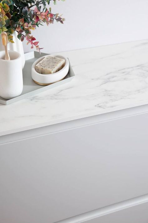 White Marble Effect Worktop | Worktop Express Bathroom Worktop, Walnut Worktop, Grey Marble Bathroom, Bathroom 2023, White Gloss Kitchen, Marble Worktops, White Marble Bathrooms, Gloss Kitchen, Laminate Worktop