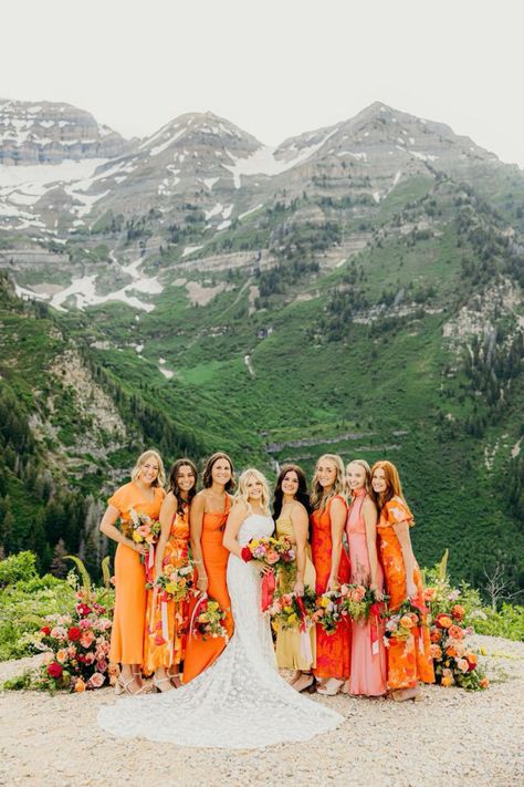 Sunset Color Palette Bridesmaids, Sunset Groomsmen Attire, Sunset Bridal Party, Sunrise Wedding Colors, Sunset Bridesmaid Dresses Color Schemes, Summer Wedding Color Palette 2025, Sunset Colored Wedding, Orange Bridal Party, Orange Wedding Party