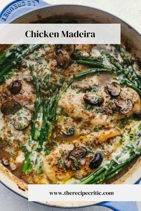 Juicy chicken is covered in creamy Madeira sauce, melt-y cheese, mushrooms, and asparagus in this easy skillet recipe! Chicken Madeira brings all of those delicious Cheesecake Factory flavors right to your kitchen! Chicken Madeira Cheesecake Factory, Chicken Madeira, Ground Beef Meatloaf, Beef Meatloaf Recipes, Madeira Sauce, Cheese Mushrooms, Cheesecake Factory Copycat, Beef Meatloaf, Ground Beef Casserole Recipes