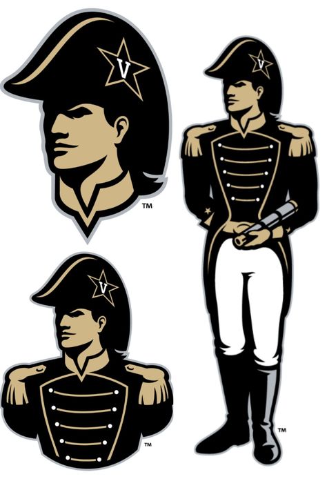 A commodore in 3 forms (head & upper body) with the Star V logo on its hat & holding a spyglass/telescope in gold, black & gray (Full Bodied). Vanderbilt's intercollegiate athletics teams are nicknamed the Commodores, in honor of the nickname given to Cornelius Vanderbilt, who made his fortune in shipping. Vanderbilt University Logo, Vanderbilt Football, The Commodores, Nfl Logos, Cornelius Vanderbilt, Football Ideas, Mascot Logos, Sport Logos, Logo Character