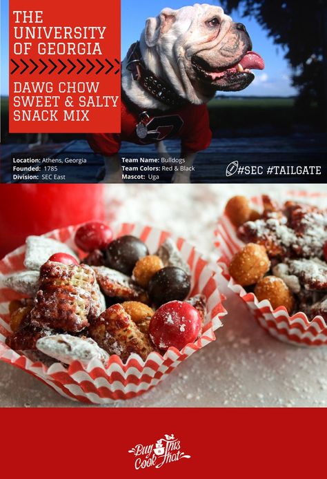 We busted out this ADDICTIVE Dawg Chow Recipe for your next Georgia Tailgate. Chocolate. Cinnamon. Peanut Butter. Need we say more? (YUM!) #Georgia #Bulldogs #Tailgate #Football #Recipe #SEC #Party Florida Georgia Game Party, Uga Themed Party, Georgia Bulldogs Party Ideas, Bulldog Recipe, Uga Tailgate, Georgia Tailgate, Chocolate Snack Mix, Cinnamon Peanut Butter, Dawgs Football