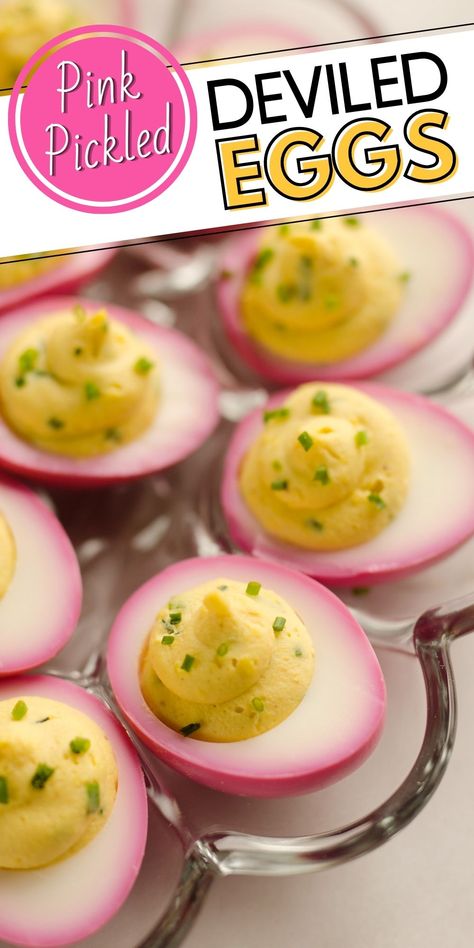 Pink Pickled Deviled Eggs are a beautiful side dish or appetizer perfect for your holiday table. Hard boiled eggs are lightly pickled in beet juice and vinegar for the unique color that is sure to impress your dinner guests! Pickled Deviled Eggs Recipe, Pickled Deviled Eggs, Pickled Eggs, Pickled Beets, Deviled Eggs Recipe, Dinner Guests, Charcuterie Recipes, Beet Juice, Easy Appetizer Recipes