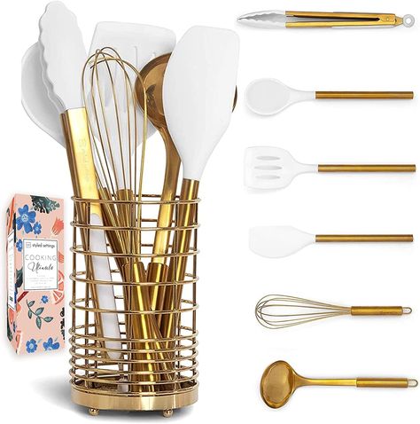 White Silicone and Gold Cooking Utensils Set with Gold Utensil Holder: 17PC Set Includes White & Gold Measuring Cups and Spoons Set,White Utensils Set,Gold Spatula,Gold Whisk White Utensils, Copper Cooking Utensils, Gold Kitchen Utensils, Modern Kitchen Utensils, White Kitchen Utensils, White Kitchen Accessories, Gold Utensils, Copper Kitchen Accessories, Gold Kitchen Accessories