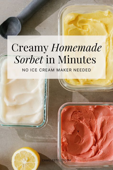 Discover the secret to making creamy, delicious fruit sorbet at home with just 5 ingredients and a blender! Our double-freeze technique ensures perfect texture every time. Get the easy recipe for strawberry, mango, lemon, and more flavors on our blog. 

#homemadesorbet #summerdesserts #easyrecipes #homemadeicecream Strawberry Mango Ice Cream, Strawberry Lemon Sorbet, Blender Sorbet, Apple Sorbet Recipe, Fruit Sorbet Recipe, Lemon Sorbet Recipe, Blueberry Sorbet, Homemade Frozen Yogurt, Homemade Sorbet