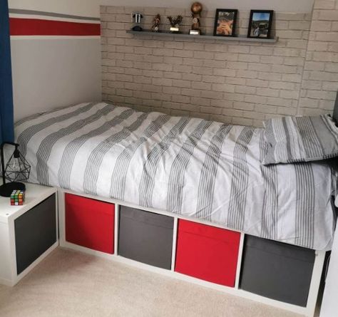 Mums are sharing their stunning Ikea hacks as they use the storage to make beds, desks and kids’ room dividers – The Sun Bed Made From Kallax Unit, Single Bed Ikea Hacks, Single Bed Storage Ideas, Kallax Bed Hack Single, Diy Ikea Bed With Storage, Single Storage Bed Ideas, Single Kallax Bed, Ikea Kallax Single Bed Hack, Kallax Ikea Bed