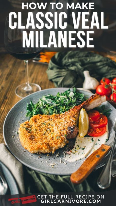 🍖 Bone-In Veal Milanese = Dinner Party Showstopper! 🇮🇹 Transform veal chops into a crispy, tender masterpiece with our foolproof recipe. Learn the secrets to perfectly pounded meat and a crunchy panko-parmesan coating. Impress your guests with this restaurant-quality dish that's easier than you think. Get ready for rave reviews! #VealMilanese #ItalianCuisine #GourmetDinner Ground Veal Recipes, Arugula Salad Dressing, Veal Chops, Veal Milanese, Milanese Recipe, Veal Chop, Veal Cutlet, Carnivore Recipes, Whipped Ricotta