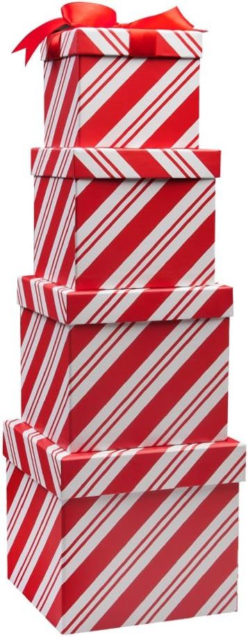 Gift Boutique Christmas Nesting Gift Boxes includes 4 assorted sizes that nest one into another for easy storage and handling. Made of premium cardstock with removable lids. Classic Candy Cane Red and White stripe design. Looks great as a Christmas decoration on its own or to put presents in under the Christmas tree Largest Size Measures: 6.18” x 6.18” x 5.51”, Large Size Measures: 5.95" x 5.95" x 5.4" Nesting Gift Boxes, Christmas Gift Boxes, Large Gift Boxes, Classic Candy, Holiday Box, Christmas Yard Decorations, Candy Cane Christmas, Personalised Gift Boxes, Curated Gift Boxes