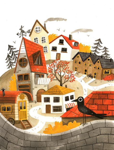 Storybook Village Illustration, Animal Village Illustration, Cute Town Illustration, Village Illustration Drawing, Town Illustration Buildings, Village House Illustration, Gouache Autumn, Fall Illustration Autumn, House Illustration Art