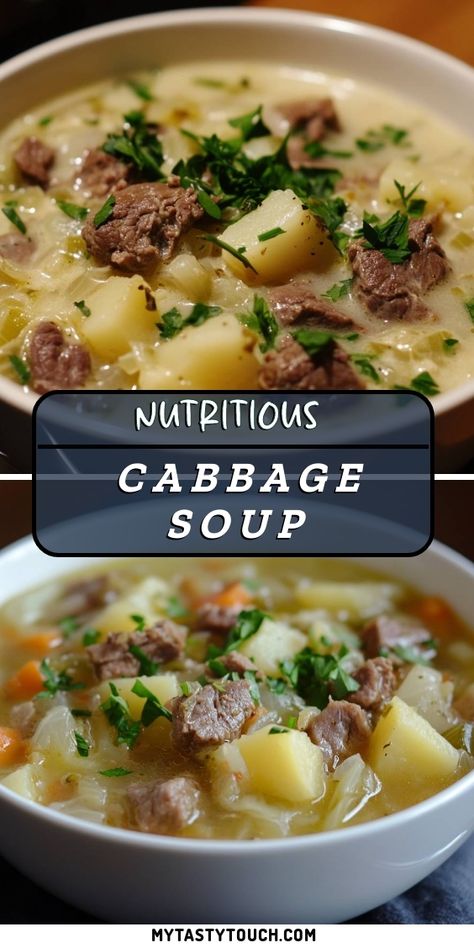 I absolutely love making this nutritious cabbage soup! It's packed with tender chunks of beef, hearty potatoes, and vibrant vegetables. Not only is it a comforting dish for chilly days, but it’s also a great way to get a healthy dose of veggies. The rich flavors and soothing aroma fill my kitchen every time I whip it up. Perfect for family dinners or meal prepping for the week ahead! Cabbage And Spinach Soup, Pork And Cabbage Stew, Soup With Cabbage In It, Cabbage Diet Soup 10 Pounds, Cabbage And Beef Soup, Creamy Cabbage Soup Recipe, Vegetable Soup With Cabbage, Keto Cabbage Soup, Brussel Sprout Soup