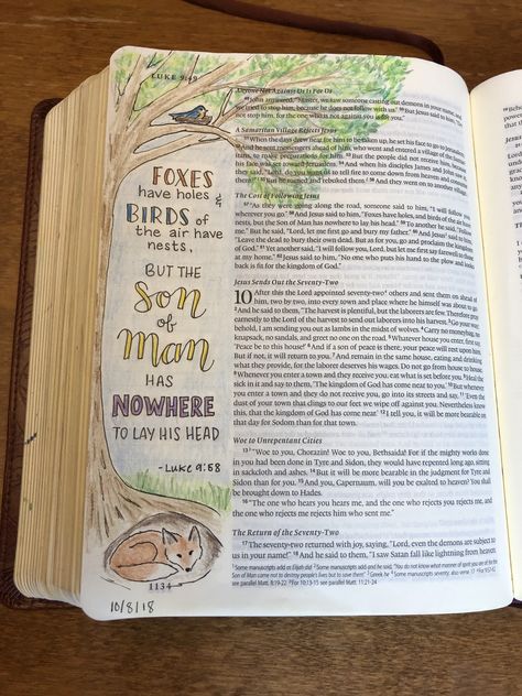 Bible Journaling. Luke 9:58. Micron pen, Prismacolor pencils. Luke 13 Bible Journaling, Luke 9:23-24 Bible Journaling, New Testament Journaling Ideas, Luke 9 Bible Journaling, Luke Bible Journaling, Hannah Bible, Luke Bible, Doodle Bible, Journaling Lettering