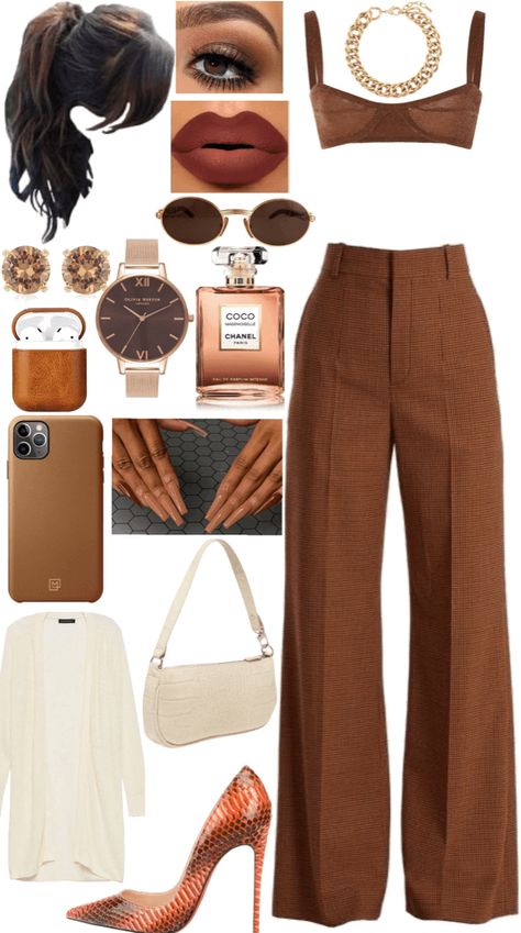 Brown Bday Outfit, Brown Club Outfit, Brown Classy Outfit, Mocha Outfit Ideas, Taupe Pants Outfit, Brown Summer Outfits, Bred Outfits, Dress Pants Outfits, Kardashian Outfit