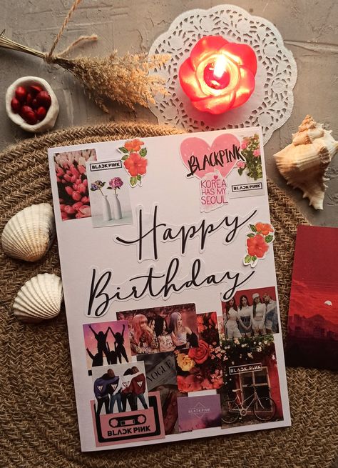 Bday Photo Collage Ideas, Bday Cards With Photos, Blackpink Birthday Card Ideas, Pink Cards Aesthetic, Twice Birthday Theme, Birthday Card For Best Friend Aesthetic, Aesthetic Cards For Birthday, Creative Birthday Cards With Photos, Bday Card Handmade